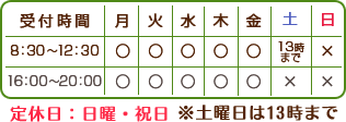 受付時間：平日午前8：30～12：30、午後16：00～20：00、土曜日は13時まで、定休日：日曜・祝日