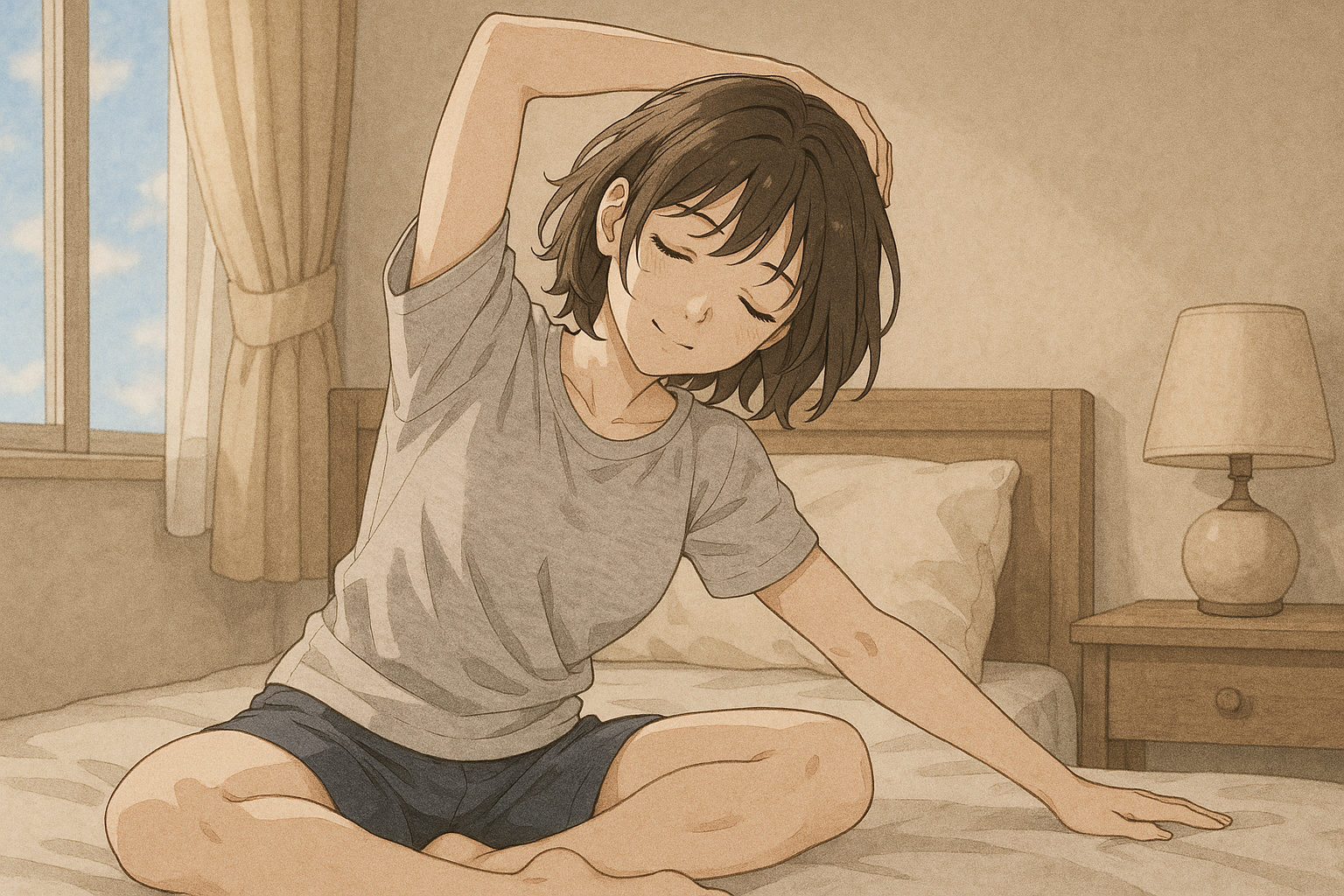 首のストレッチをして、リラックスする女性