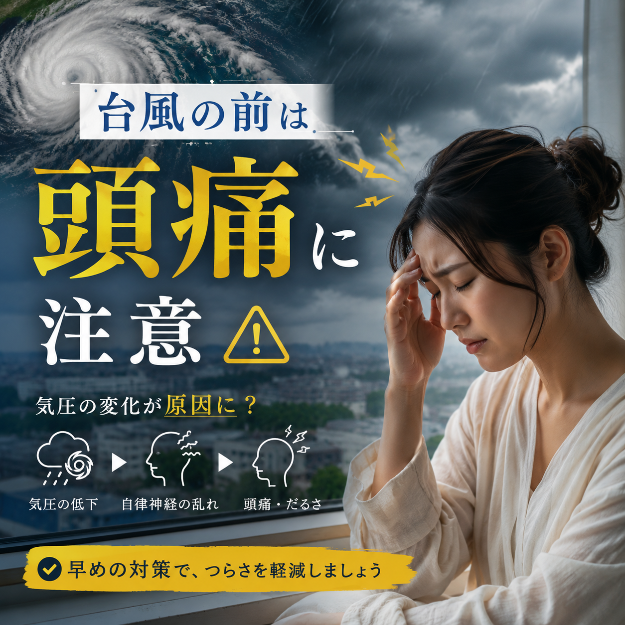 A worried woman sits by a window, head in hand, as a massive typhoon swirls outside; bold Japanese text warns about headaches before a typhoon and a caution symbol appears beside it.